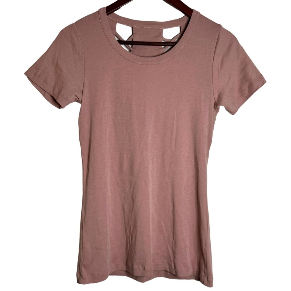 Chaser Strappy Double Vent Back Baby Ribbed Knit Tee Lattice Cutouts Pink Medium